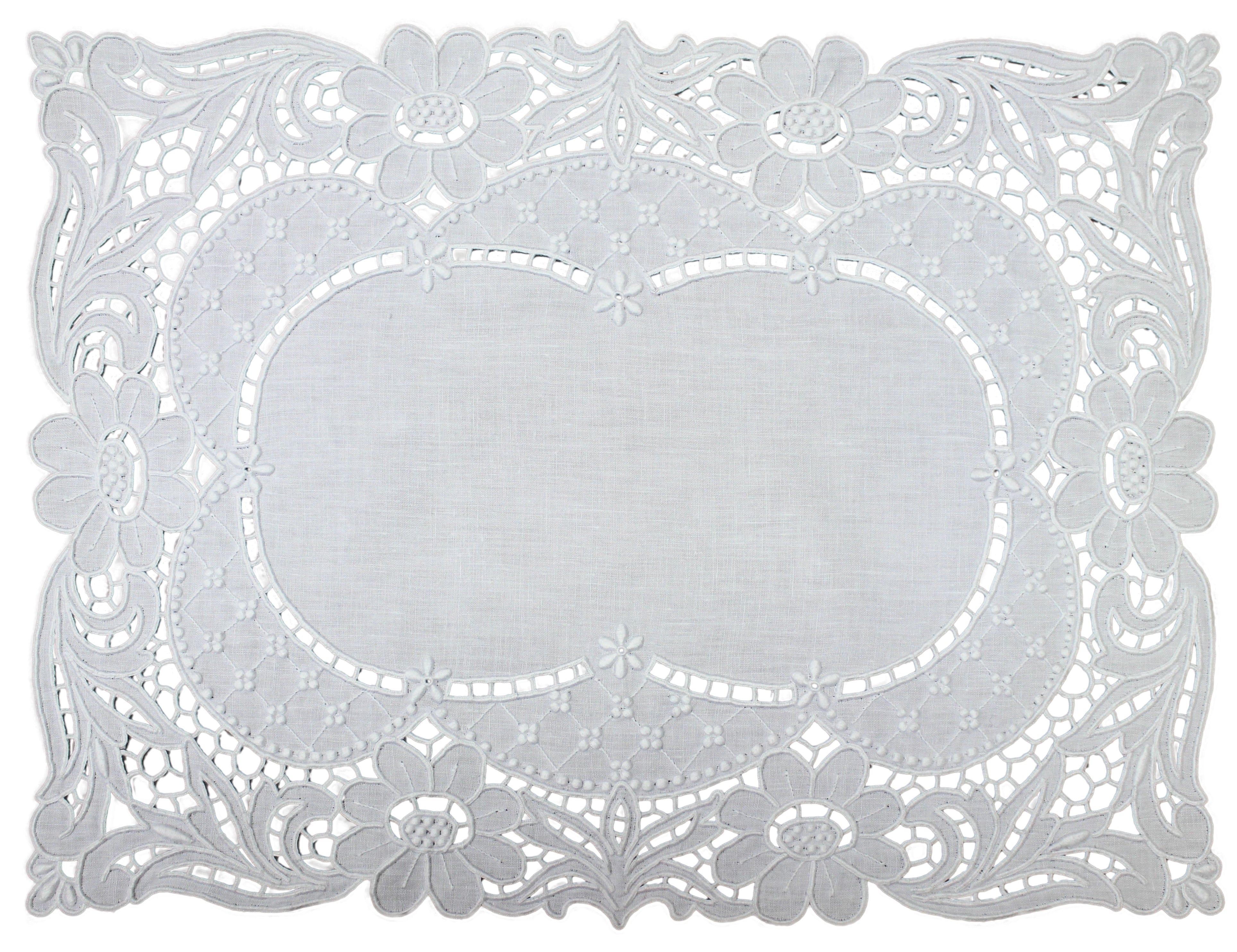Handmade Madeira Embroidered White Linen Napperon