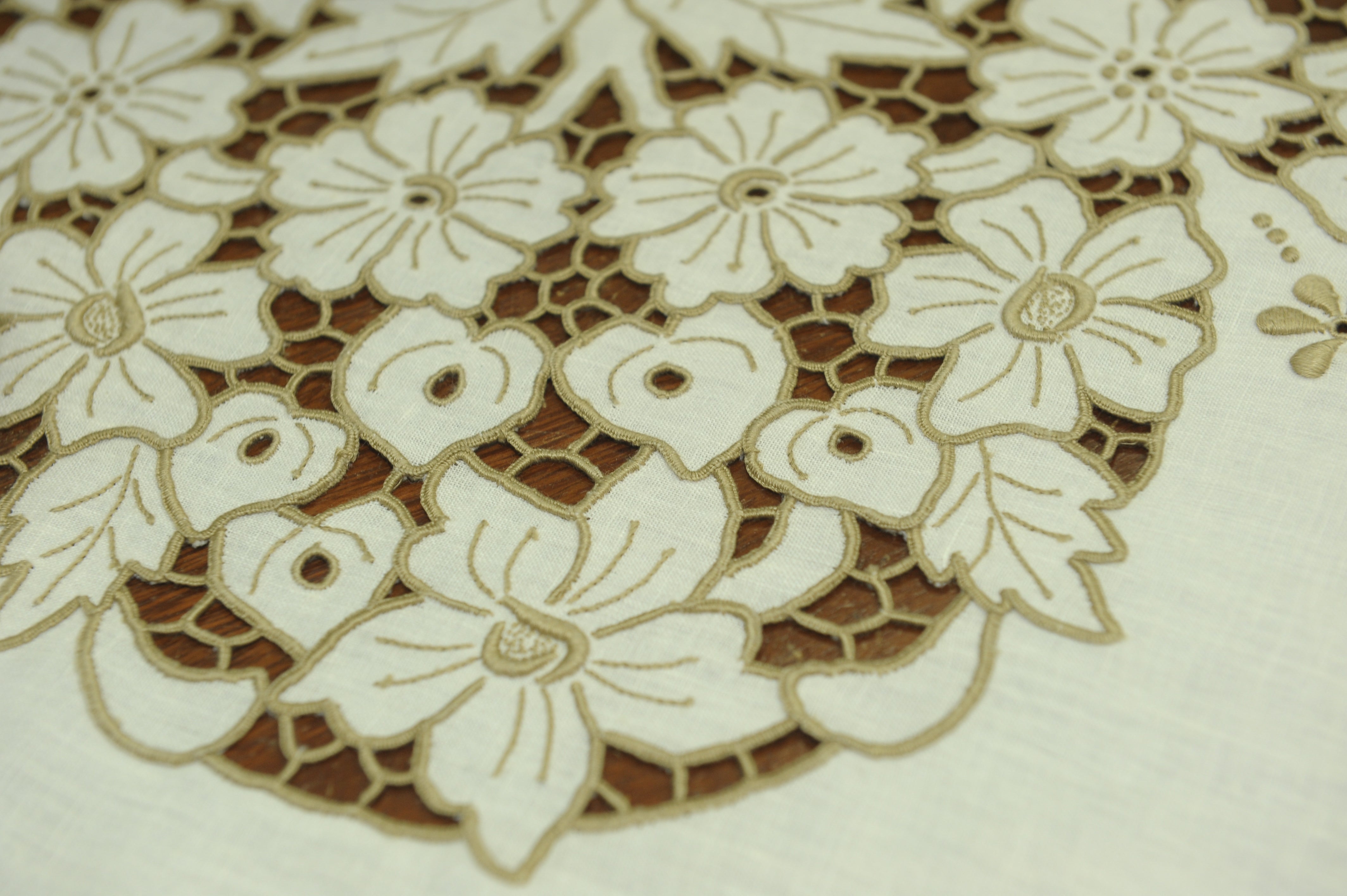 Handmade Madeira Embroidered Ecru Linen Tablecloth