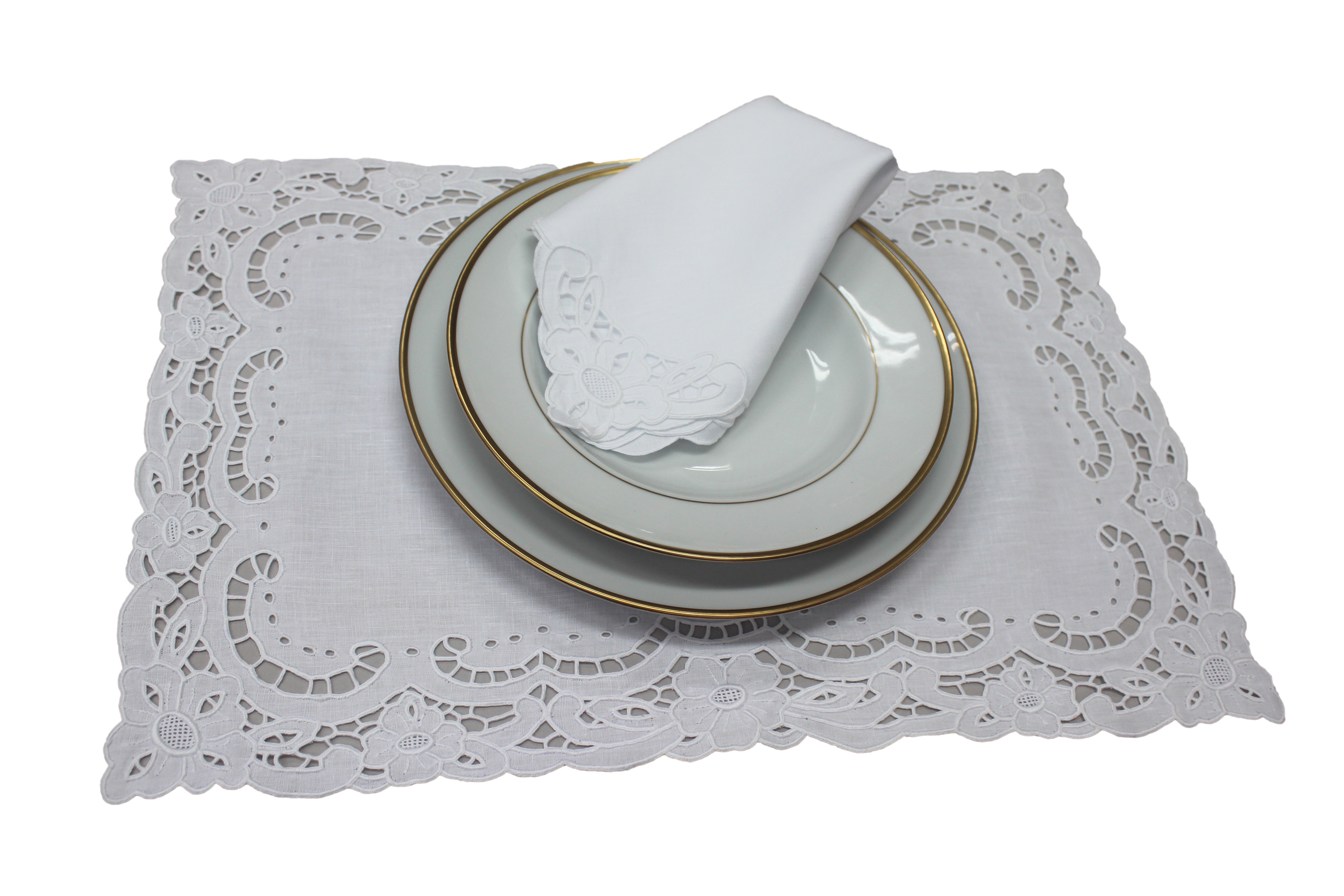 Handmade Madeira Embroidered White Linen Placemat and Napkin