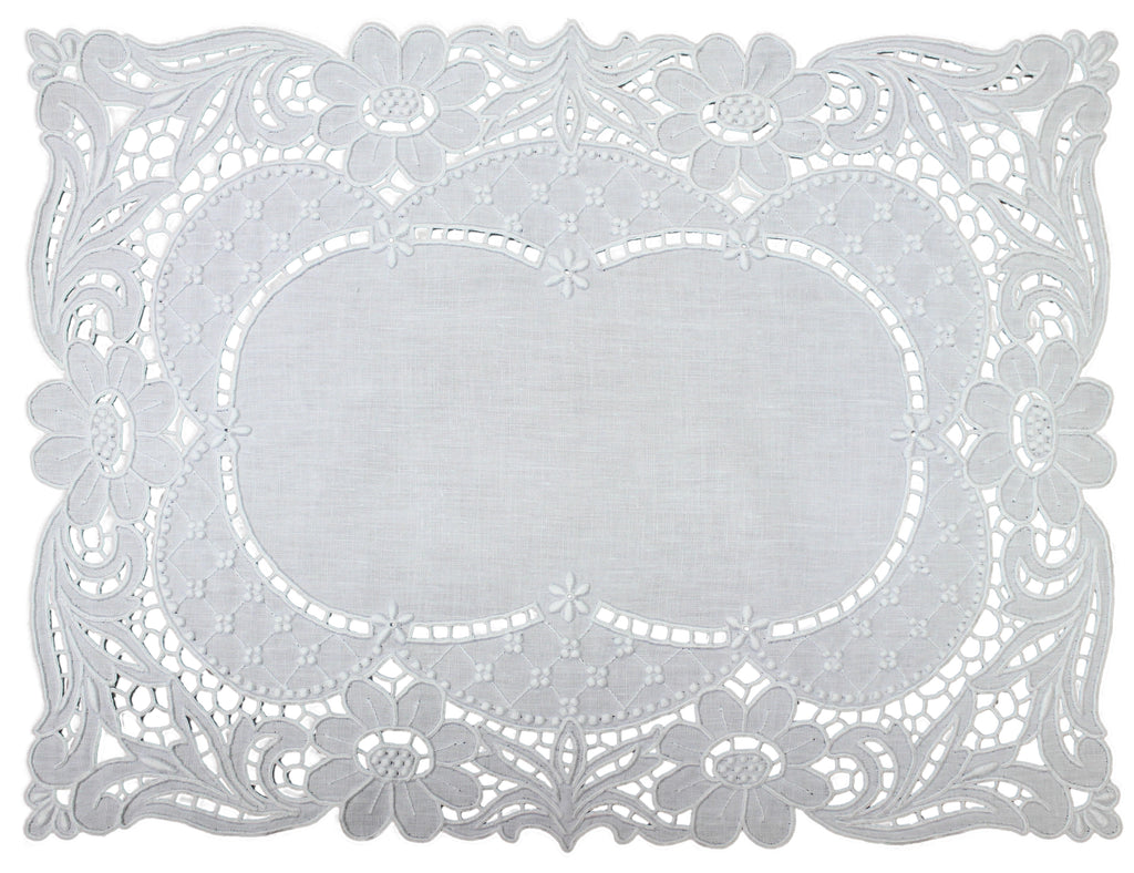 Handmade Madeira Embroidered White Linen Napperon